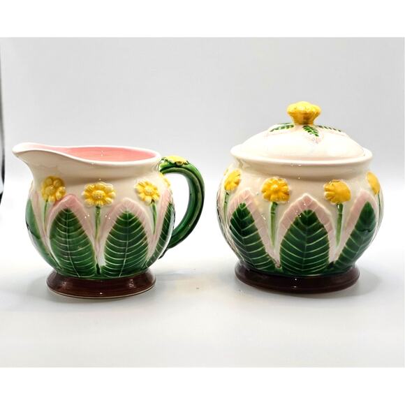 Vintage Floral Ceramic Creamer and Sugar Bowl Set Hand Painted in SF Cottage70s - Picture 1 of 8